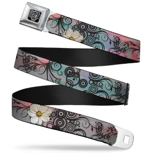BD Wings Logo CLOSE-UP Full Color Black Silver Seatbelt Belt - Flowers w/Filigree Pink Webbing