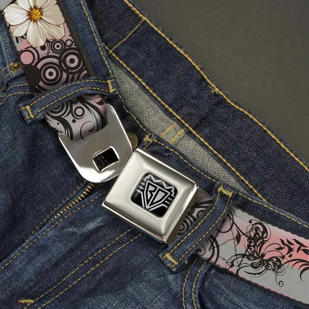 BD Wings Logo CLOSE-UP Full Color Black Silver Seatbelt Belt - Flowers w/Filigree Pink Webbing