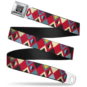 BD Wings Logo CLOSE-UP Full Color Black Silver Seatbelt Belt - Geometric9 Black/Red/Turquoise/Ivory Webbing