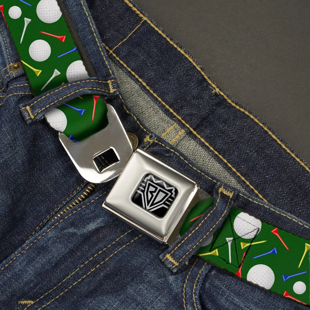 BD Wings Logo CLOSE-UP Full Color Black Silver Seatbelt Belt - Golf Balls/Tees Scattered Green/Multi Color Webbing