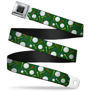 BD Wings Logo CLOSE-UP Full Color Black Silver Seatbelt Belt - Golf Balls/Tees Scattered Green/Multi Color Webbing