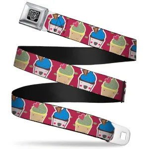 BD Wings Logo CLOSE-UP Full Color Black Silver Seatbelt Belt - Happy Cupcakes/Dots Pink/Green Webbing