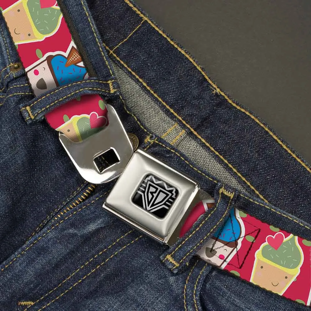 BD Wings Logo CLOSE-UP Full Color Black Silver Seatbelt Belt - Happy Cupcakes/Dots Pink/Green Webbing