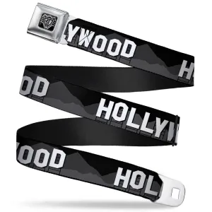 BD Wings Logo CLOSE-UP Full Color Black Silver Seatbelt Belt - HOLLYWOOD Sign Skyline Black/Grays/White Webbing
