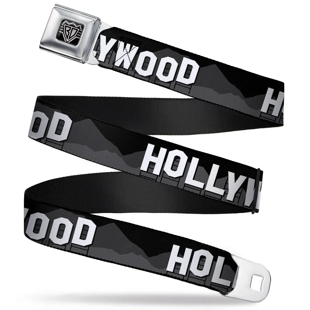 BD Wings Logo CLOSE-UP Full Color Black Silver Seatbelt Belt - HOLLYWOOD Sign Skyline Black/Grays/White Webbing