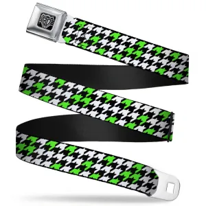 BD Wings Logo CLOSE-UP Full Color Black Silver Seatbelt Belt - Houndstooth Black/White/Neon Green Webbing