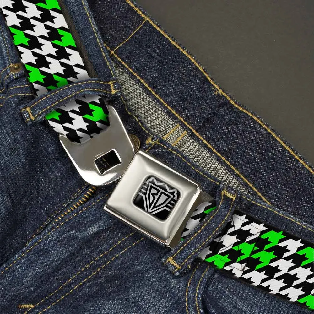 BD Wings Logo CLOSE-UP Full Color Black Silver Seatbelt Belt - Houndstooth Black/White/Neon Green Webbing
