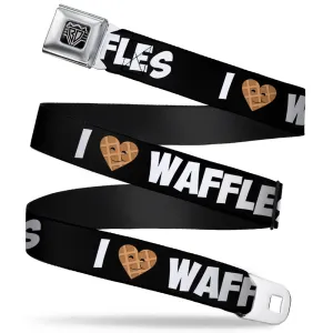 BD Wings Logo CLOSE-UP Full Color Black Silver Seatbelt Belt - I Heart Waffles Text Webbing