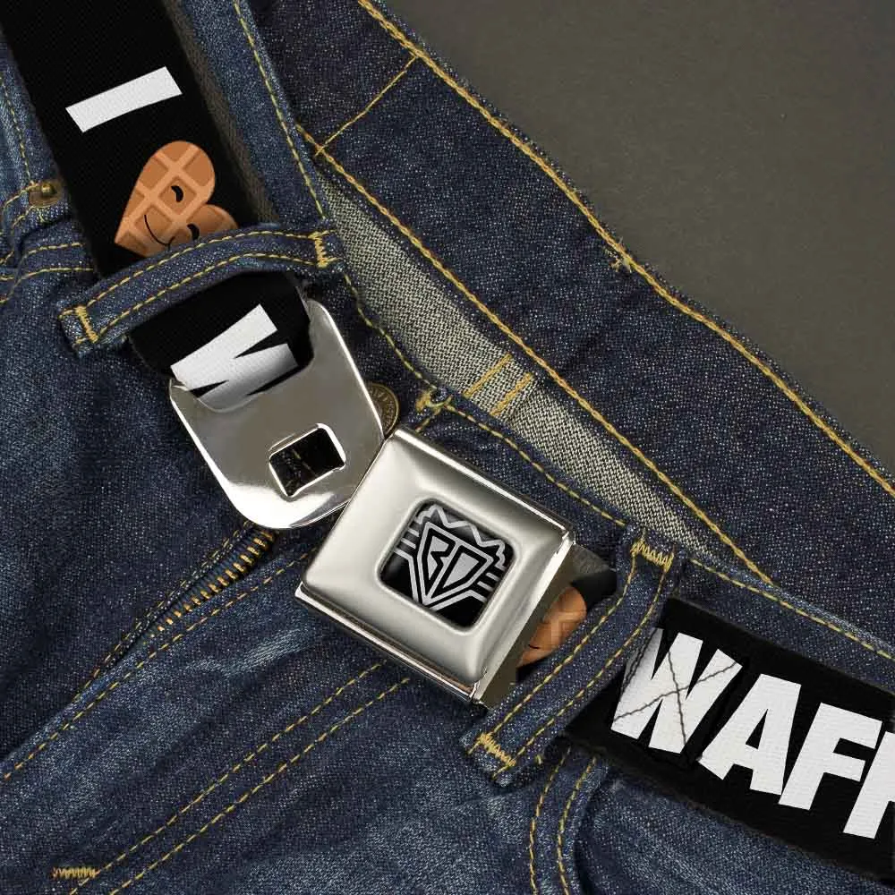 BD Wings Logo CLOSE-UP Full Color Black Silver Seatbelt Belt - I Heart Waffles Text Webbing