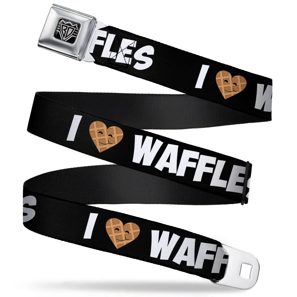BD Wings Logo CLOSE-UP Full Color Black Silver Seatbelt Belt - I Heart Waffles Text Webbing