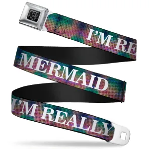 BD Wings Logo CLOSE-UP Full Color Black Silver Seatbelt Belt - I'M REALLY A MERMAID Multi Color Iridescence/White Webbing