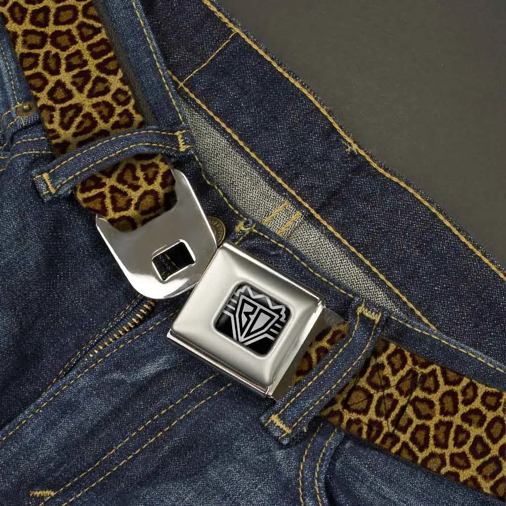 BD Wings Logo CLOSE-UP Full Color Black Silver Seatbelt Belt - Leopard Brown Webbing