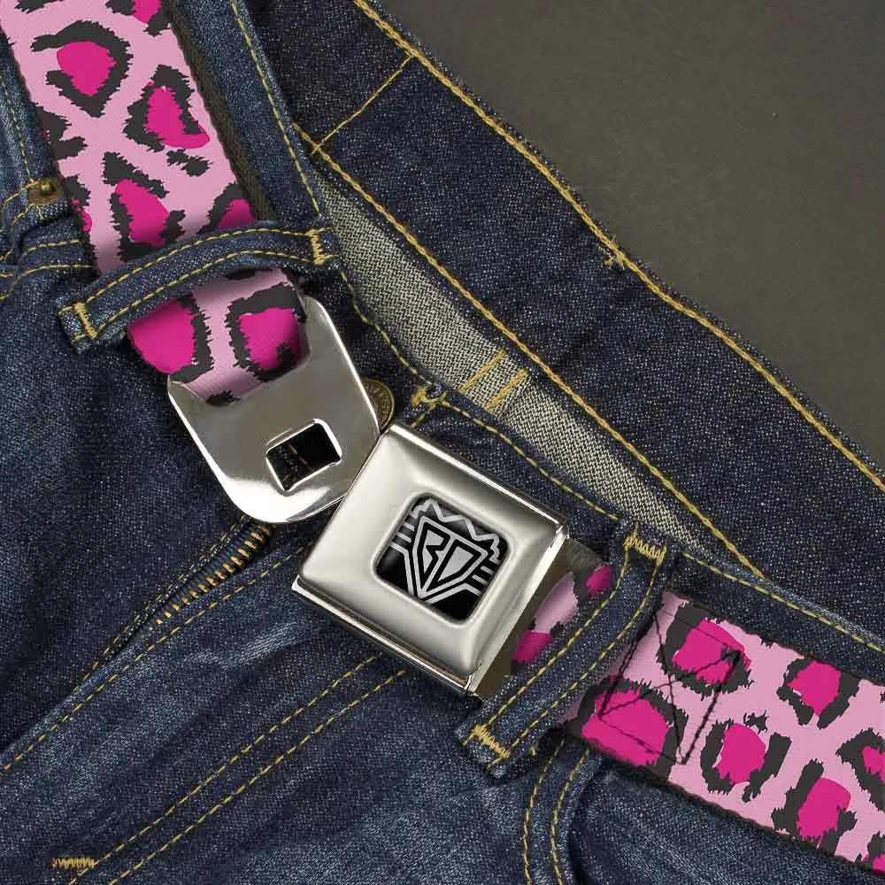 BD Wings Logo CLOSE-UP Full Color Black Silver Seatbelt Belt - Leopard CLOSE-UP Pink Webbing