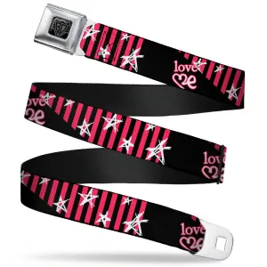 BD Wings Logo CLOSE-UP Full Color Black Silver Seatbelt Belt - Love Me w/Sketch Stars & Stripes Black/Fuchsia/White Webbing