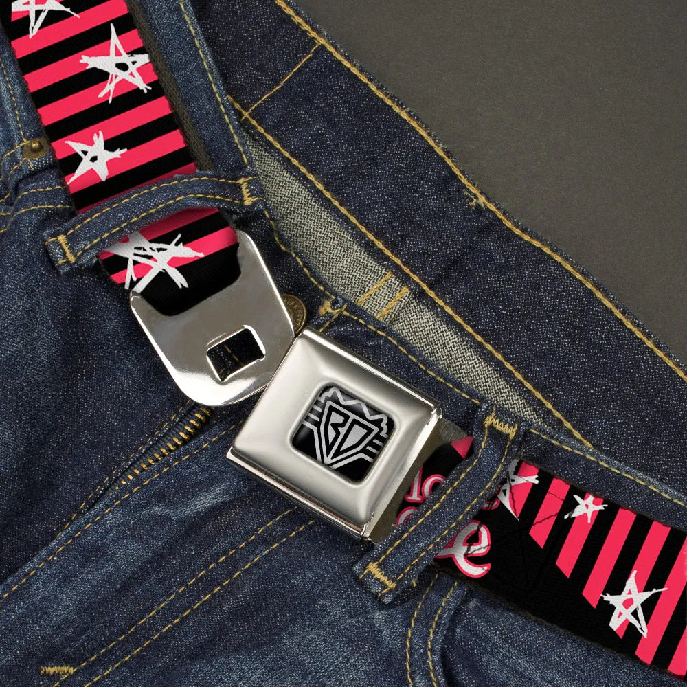 BD Wings Logo CLOSE-UP Full Color Black Silver Seatbelt Belt - Love Me w/Sketch Stars & Stripes Black/Fuchsia/White Webbing
