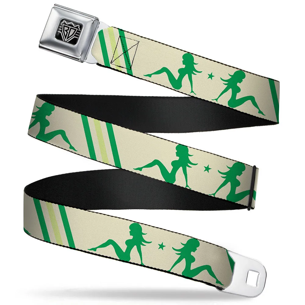 BD Wings Logo CLOSE-UP Full Color Black Silver Seatbelt Belt - Mud Flap Girls w/Stripes Tan/Green/Lime Green Webbing