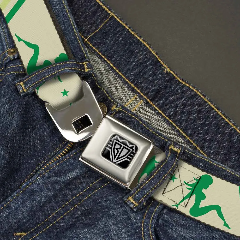 BD Wings Logo CLOSE-UP Full Color Black Silver Seatbelt Belt - Mud Flap Girls w/Stripes Tan/Green/Lime Green Webbing