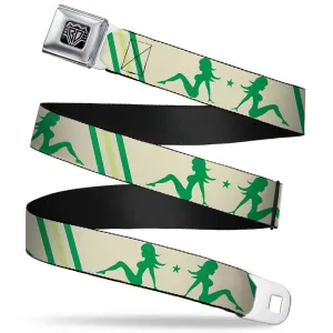 BD Wings Logo CLOSE-UP Full Color Black Silver Seatbelt Belt - Mud Flap Girls w/Stripes Tan/Green/Lime Green Webbing