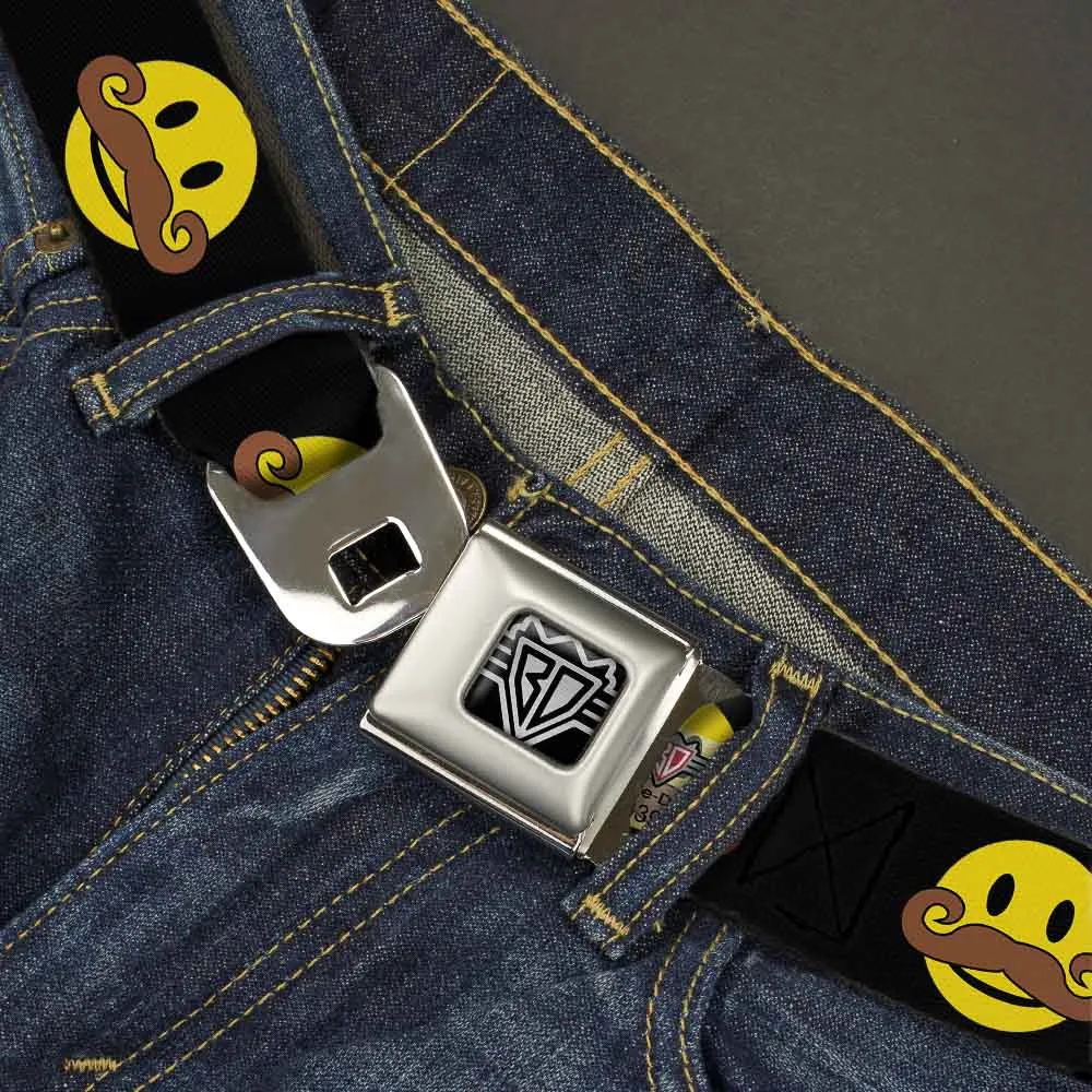 BD Wings Logo CLOSE-UP Full Color Black Silver Seatbelt Belt - Mustache Happy Face Black/Yellow/Brown Webbing