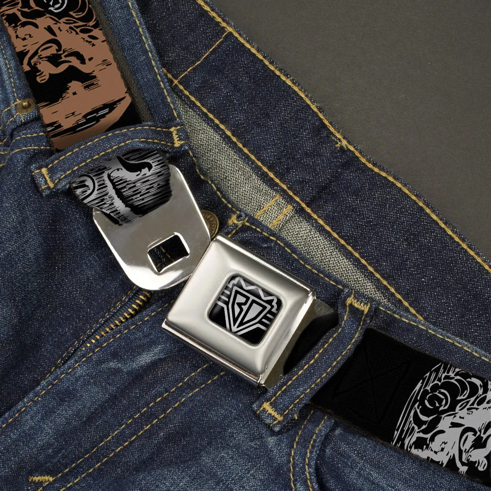 BD Wings Logo CLOSE-UP Full Color Black Silver Seatbelt Belt - Old World Coinage2 Black/Golden Yellow/Gray/Copper Webbing