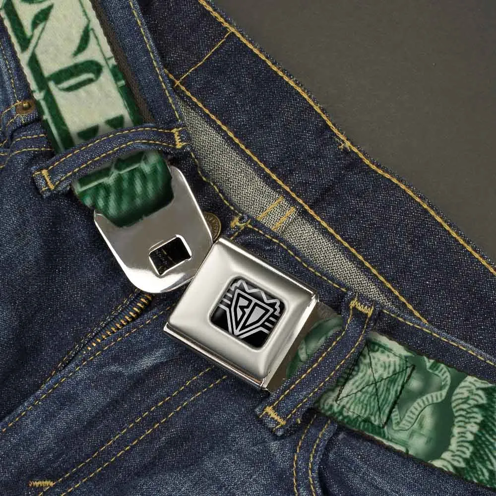 BD Wings Logo CLOSE-UP Full Color Black Silver Seatbelt Belt - One Dollar Bill Eye of Providence/Bald Eagle CLOSE-UP Webbing