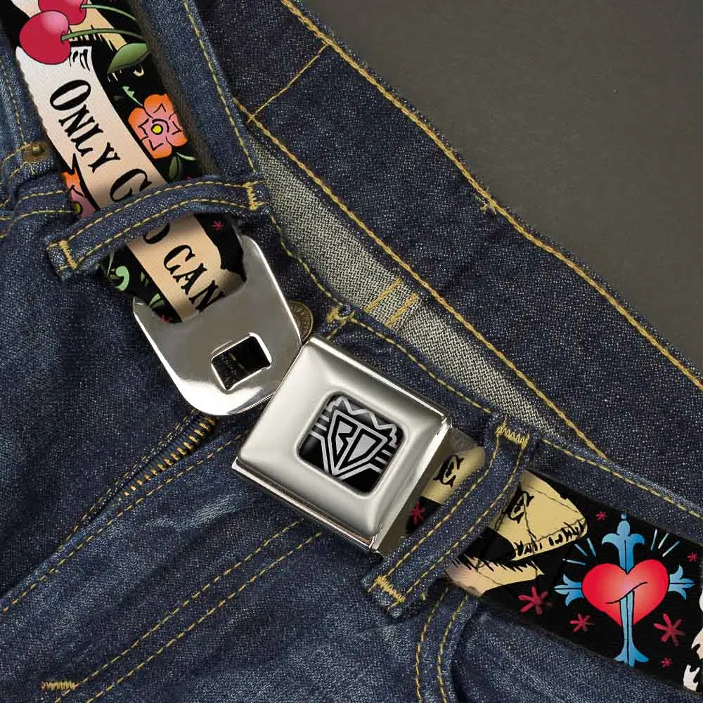 BD Wings Logo CLOSE-UP Full Color Black Silver Seatbelt Belt - Only God Can Judge Me Black Webbing