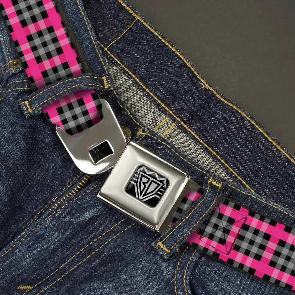 BD Wings Logo CLOSE-UP Full Color Black Silver Seatbelt Belt - Plaid Black/Gray/Fuchsia Webbing