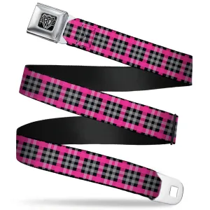 BD Wings Logo CLOSE-UP Full Color Black Silver Seatbelt Belt - Plaid Black/Gray/Fuchsia Webbing