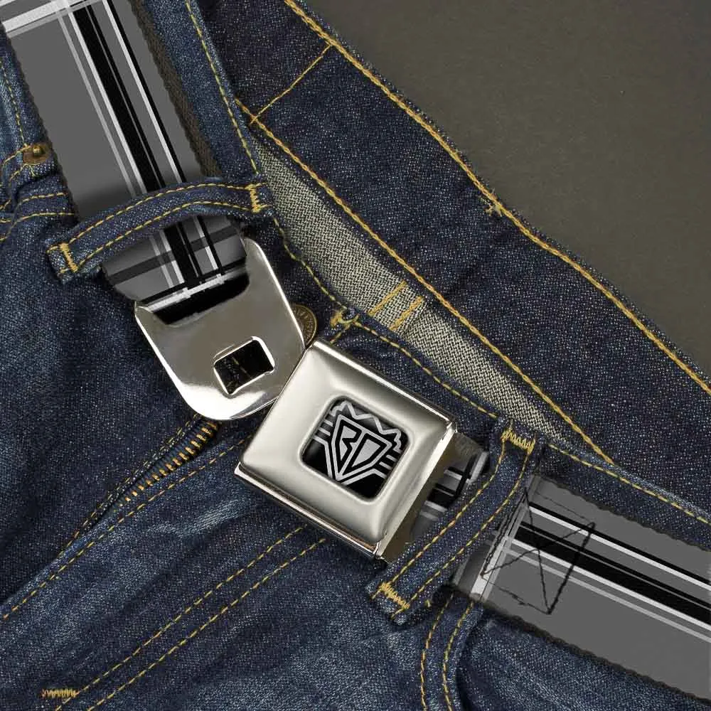 BD Wings Logo CLOSE-UP Full Color Black Silver Seatbelt Belt - Plaid Gray/Black/White Webbing