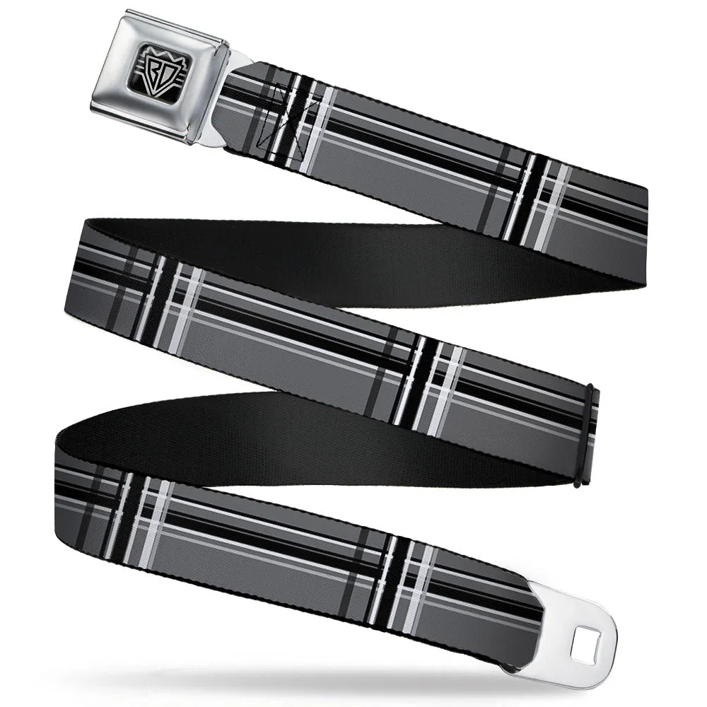 BD Wings Logo CLOSE-UP Full Color Black Silver Seatbelt Belt - Plaid Gray/Black/White Webbing