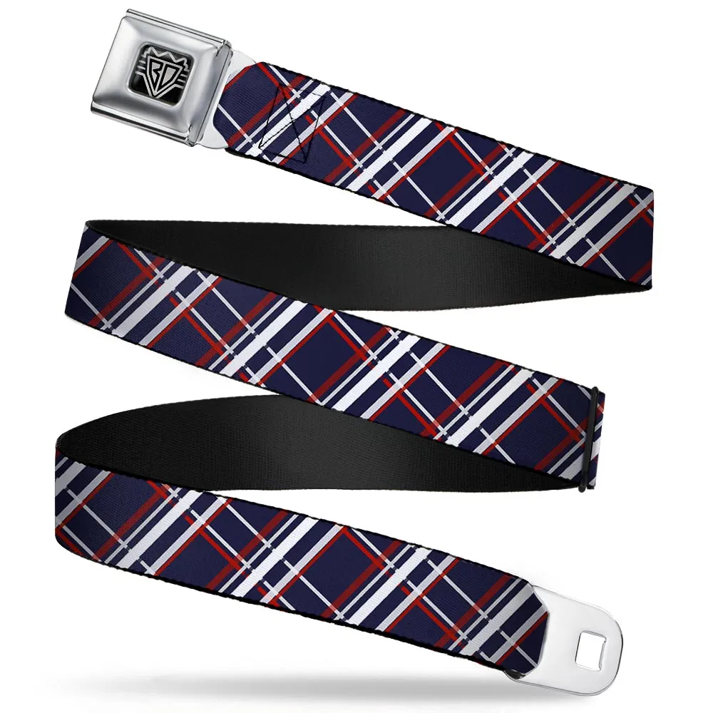 BD Wings Logo CLOSE-UP Full Color Black Silver Seatbelt Belt - Plaid X Blue/White/Red Webbing