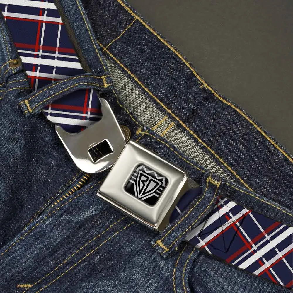 BD Wings Logo CLOSE-UP Full Color Black Silver Seatbelt Belt - Plaid X Blue/White/Red Webbing