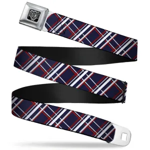 BD Wings Logo CLOSE-UP Full Color Black Silver Seatbelt Belt - Plaid X Blue/White/Red Webbing