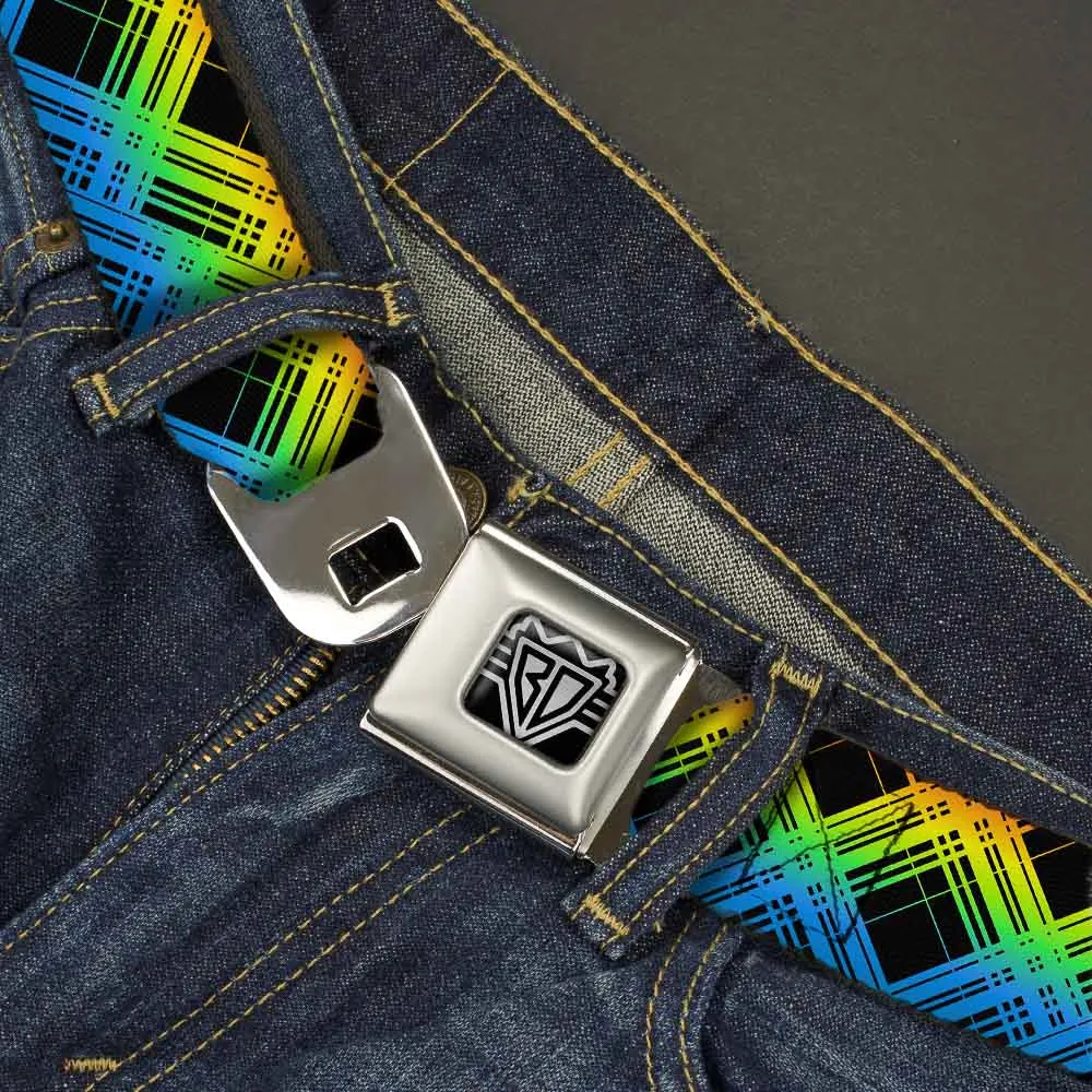 BD Wings Logo CLOSE-UP Full Color Black Silver Seatbelt Belt - Plaid X Gradient Black/Orange/Green/Blue Webbing