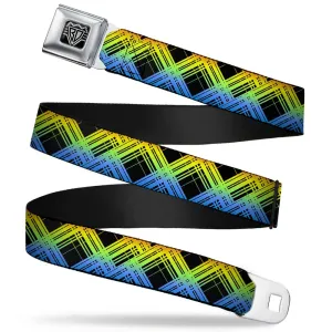 BD Wings Logo CLOSE-UP Full Color Black Silver Seatbelt Belt - Plaid X Gradient Black/Orange/Green/Blue Webbing