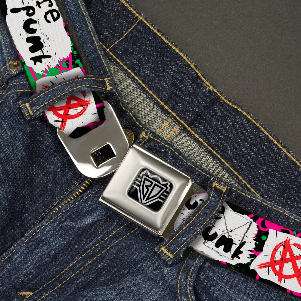 BD Wings Logo CLOSE-UP Full Color Black Silver Seatbelt Belt - Pure Punk w/Safety Pins Black/Fuchsia/White Webbing