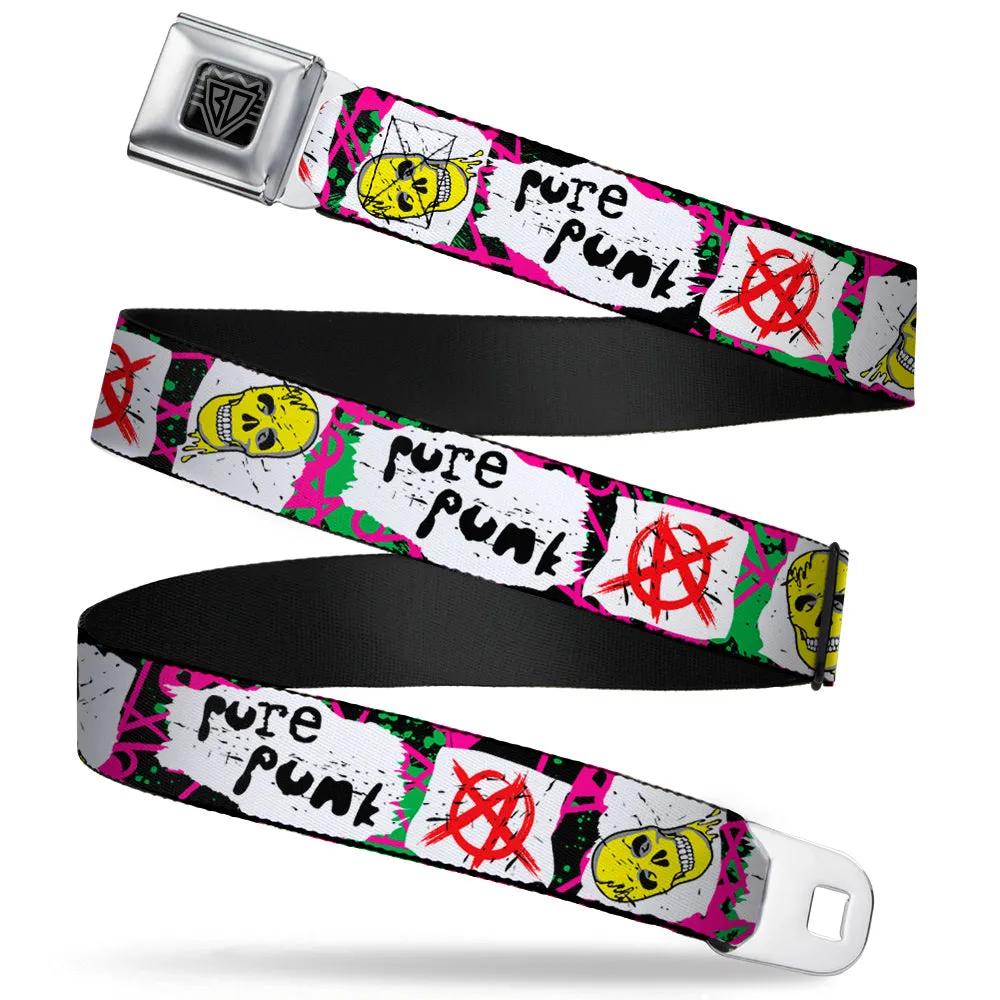 BD Wings Logo CLOSE-UP Full Color Black Silver Seatbelt Belt - Pure Punk w/Safety Pins Black/Fuchsia/White Webbing