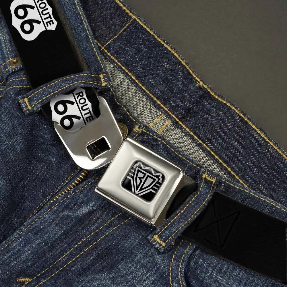 BD Wings Logo CLOSE-UP Full Color Black Silver Seatbelt Belt - ROUTE 66 Highway Sign Repeat Black/White Webbing