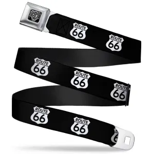 BD Wings Logo CLOSE-UP Full Color Black Silver Seatbelt Belt - ROUTE 66 Highway Sign Repeat Black/White Webbing