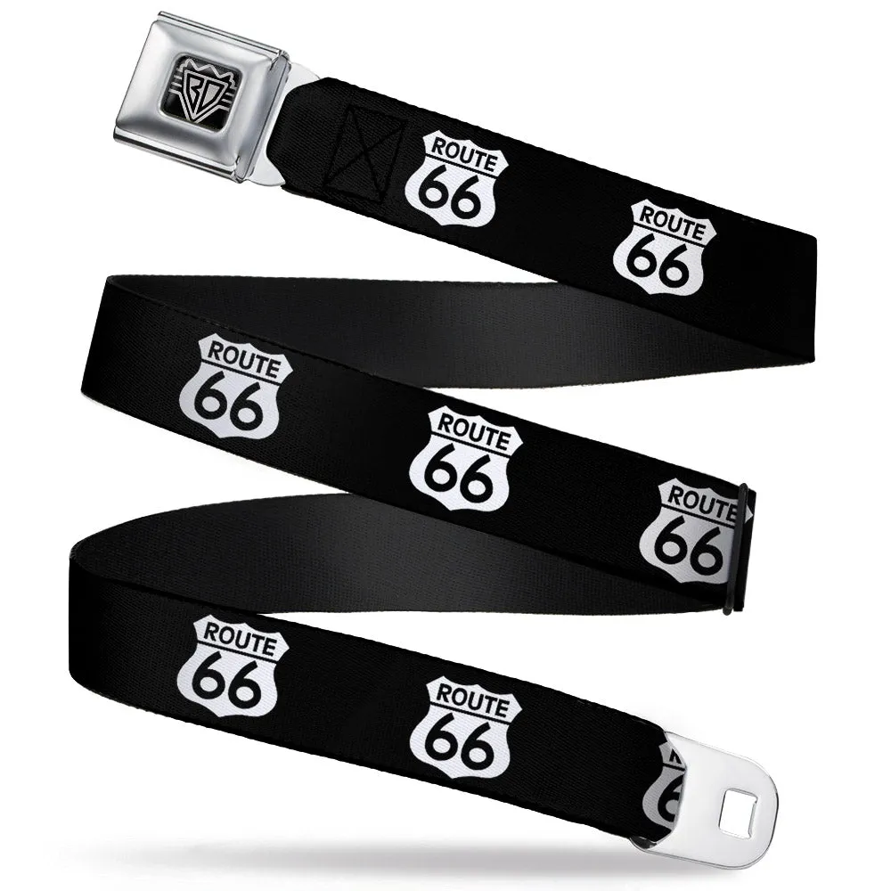 BD Wings Logo CLOSE-UP Full Color Black Silver Seatbelt Belt - ROUTE 66 Highway Sign Repeat Black/White Webbing