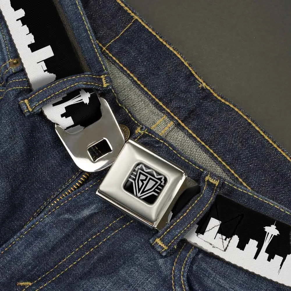 BD Wings Logo CLOSE-UP Full Color Black Silver Seatbelt Belt - Seattle Solid Skyline Black/White Webbing