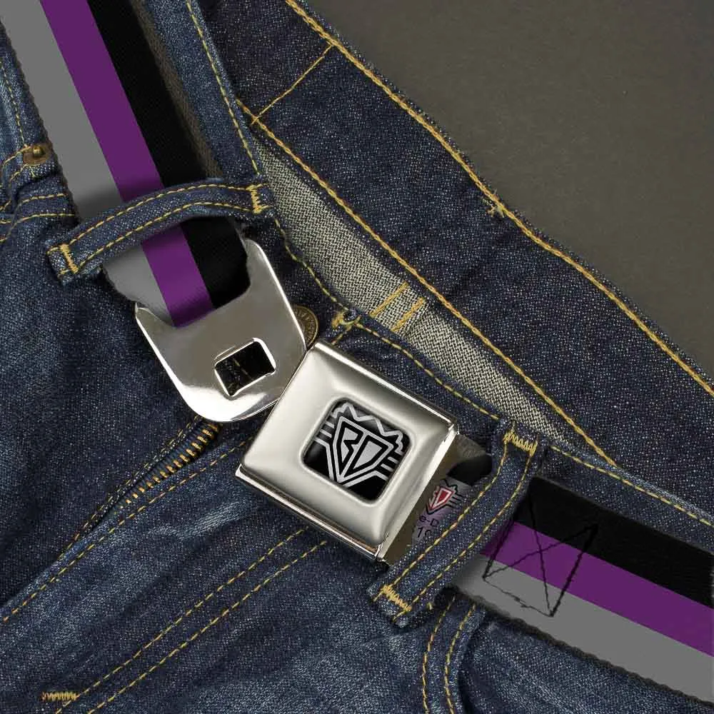 BD Wings Logo CLOSE-UP Full Color Black Silver Seatbelt Belt - Stripes Black/Purple/Gray Webbing