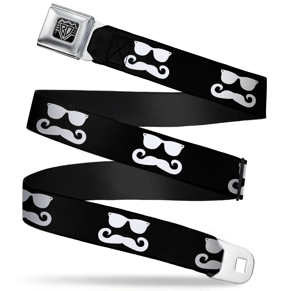BD Wings Logo CLOSE-UP Full Color Black Silver Seatbelt Belt - Sunglasses & Mustache Black/White Webbing