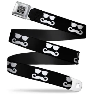 BD Wings Logo CLOSE-UP Full Color Black Silver Seatbelt Belt - Sunglasses & Mustache Black/White Webbing