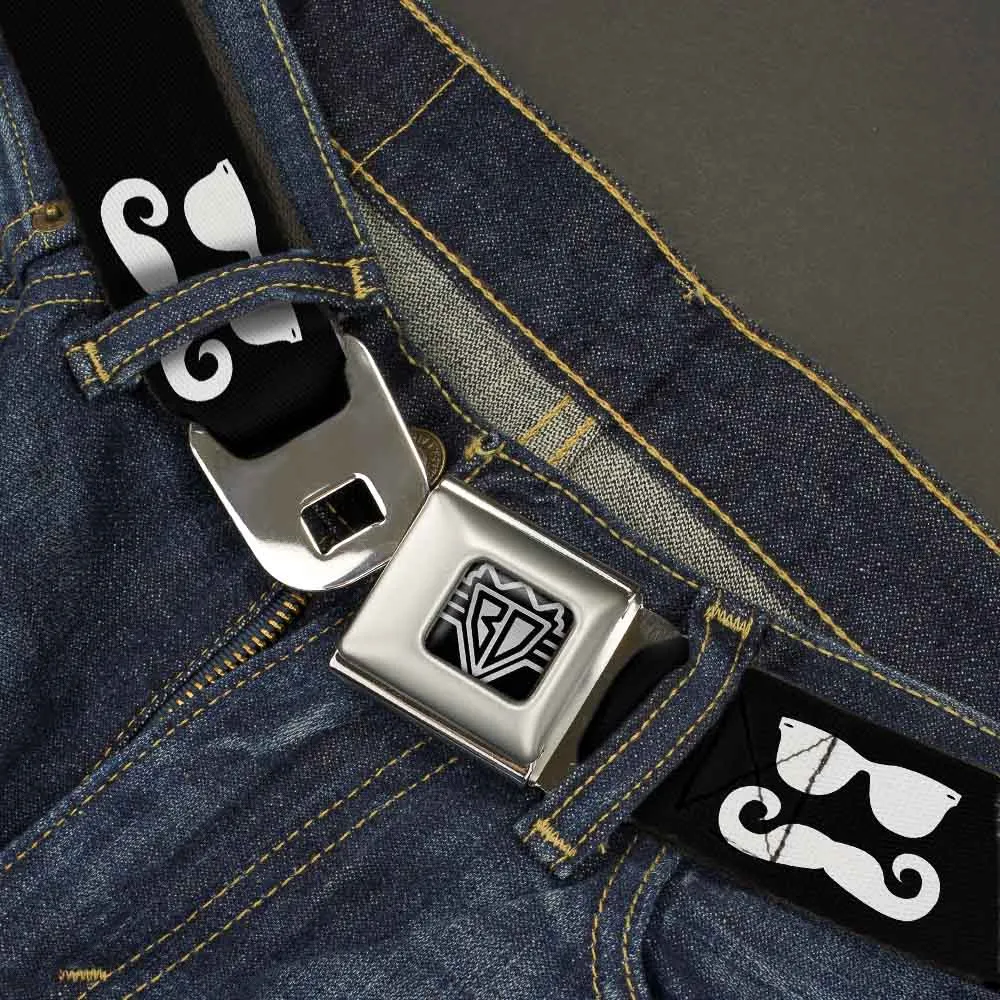 BD Wings Logo CLOSE-UP Full Color Black Silver Seatbelt Belt - Sunglasses & Mustache Black/White Webbing