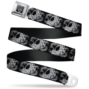 BD Wings Logo CLOSE-UP Full Color Black Silver Seatbelt Belt - Tattoo Skull Floral Black/White Webbing