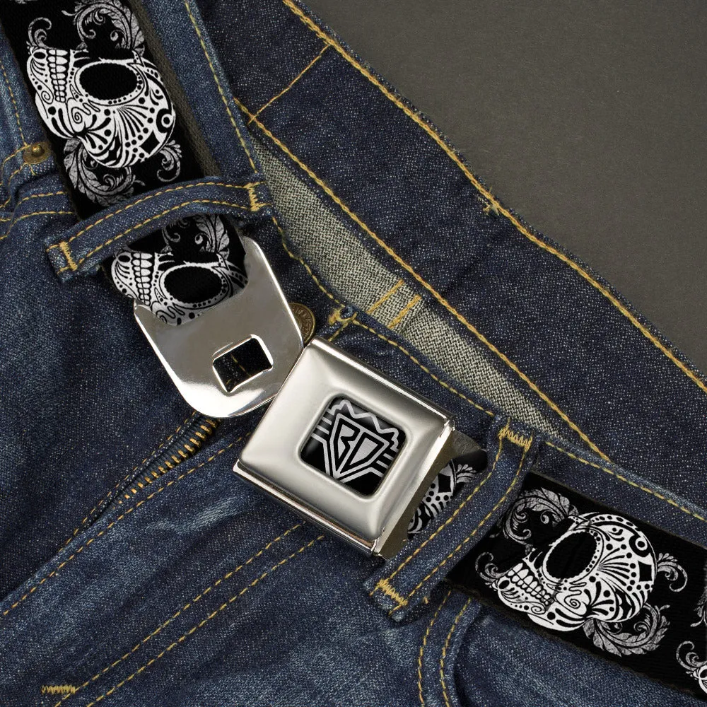 BD Wings Logo CLOSE-UP Full Color Black Silver Seatbelt Belt - Tattoo Skull Floral Black/White Webbing
