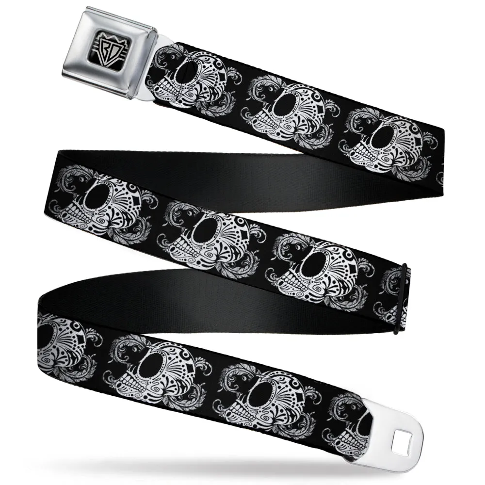 BD Wings Logo CLOSE-UP Full Color Black Silver Seatbelt Belt - Tattoo Skull Floral Black/White Webbing