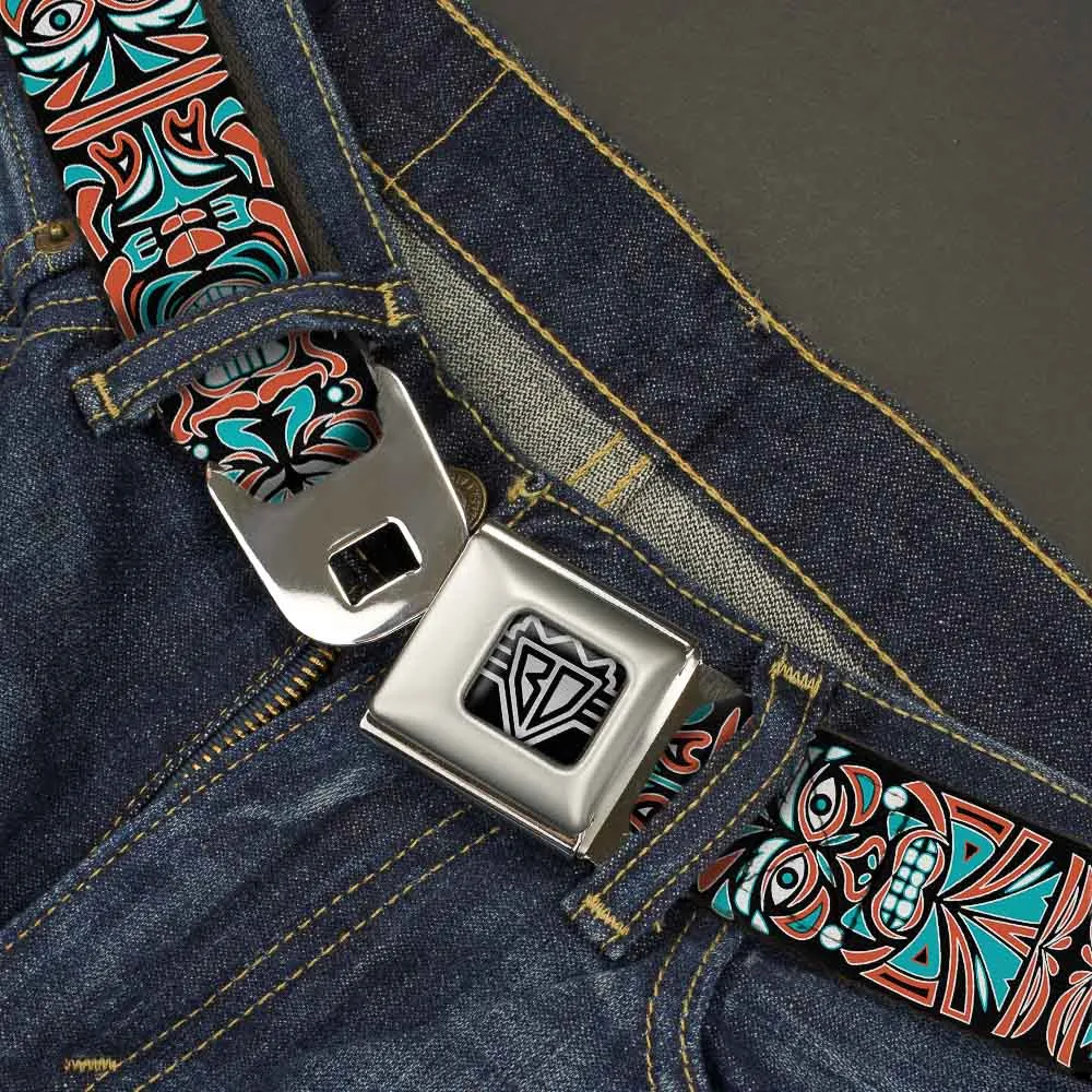 BD Wings Logo CLOSE-UP Full Color Black Silver Seatbelt Belt - Totem Carvings Black/White/Orange/Turquoise Webbing