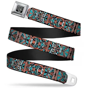 BD Wings Logo CLOSE-UP Full Color Black Silver Seatbelt Belt - Totem Carvings Black/White/Orange/Turquoise Webbing